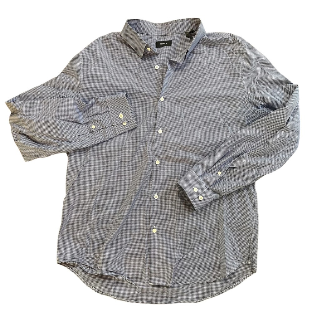 Theory Sylvain Gingham Dobby Shirt Mens XL Blue White Long Sleeve Button Down